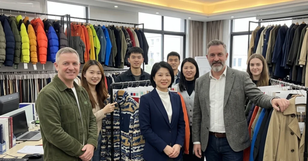 Why Apparel Production Delays Keep Happening (And How to Prevent Them) Suzhou CC Textile management team and global apparel brand clients posing together in a winter outerwear showroom