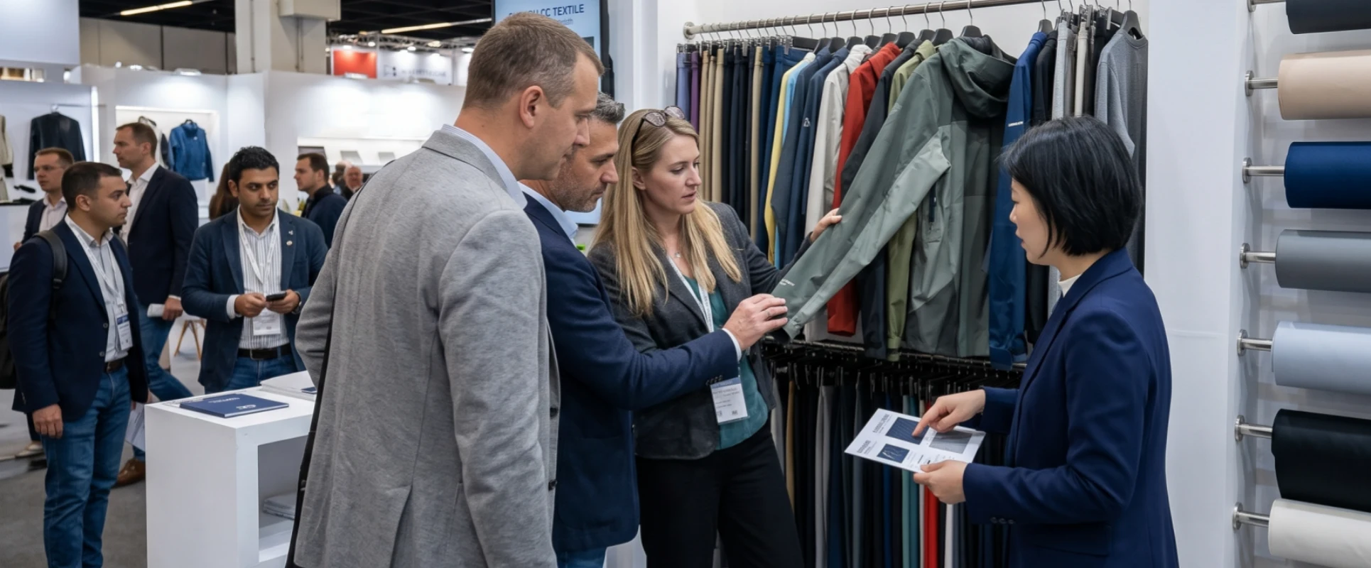 Suzhou CC Textile team presenting custom technical jackets to international clients at an apparel trade show booth