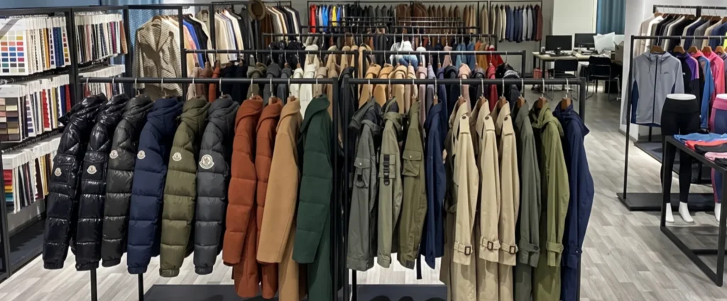 Rows of organized clothing racks filled with winter puffer jackets, down coats, and wool trench coats inside a modern showroom