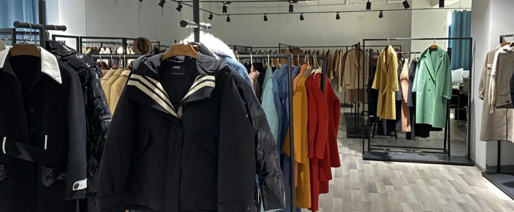 Close-up view of premium hooded winter jackets and colorful wool overcoats neatly hung on black showroom racks