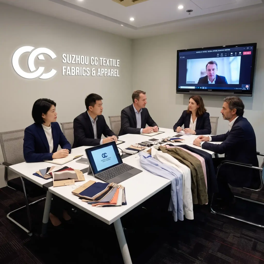 HOME Suzhou CC Textile team conducting an apparel sourcing meeting with international clients in a professional conference room