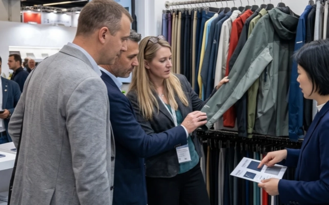 Factory representatives explaining functional outerwear details to global buyers at a textile trade show booth.