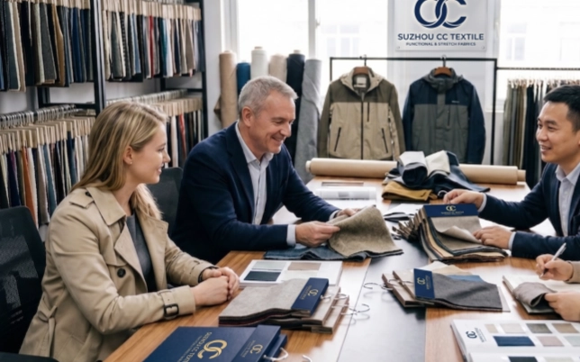 Business meeting between international buyers and factory representatives discussing woven fabric swatches and clothing tech packs.