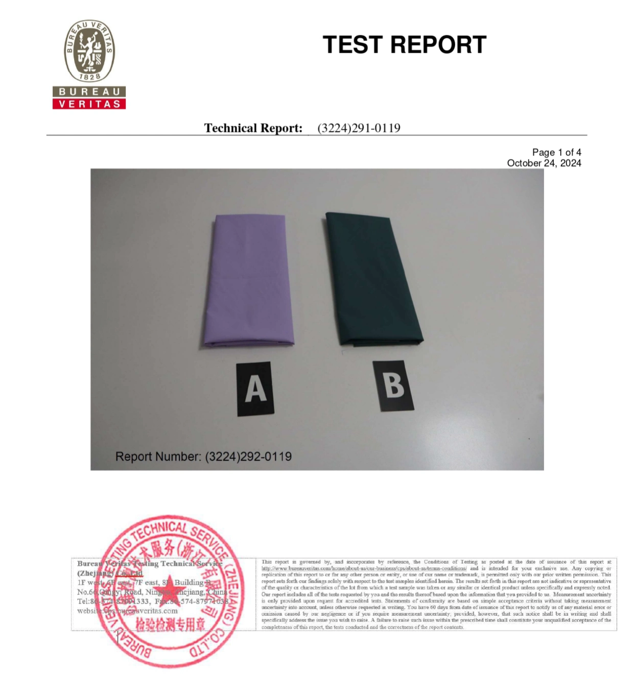 Bureau Veritas technical test report page showing tested fabric samples labeled A and B for apparel manufacturing.