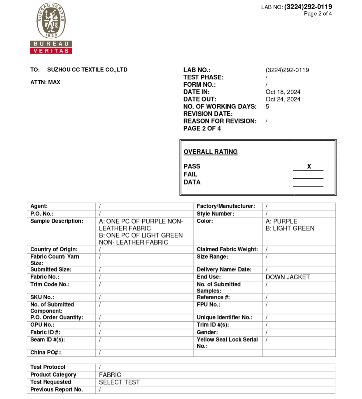 Bureau Veritas official report page showing an overall PASS rating for fabric intended for down jacket manufacturing.