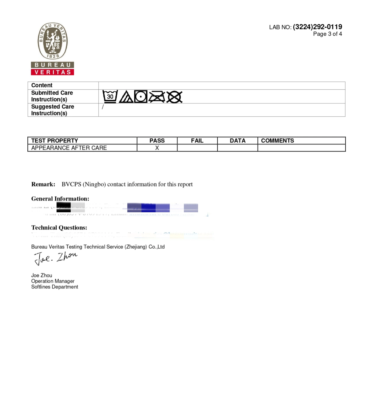 Textile wash care instructions and appearance after care test results certified by Bureau Veritas.