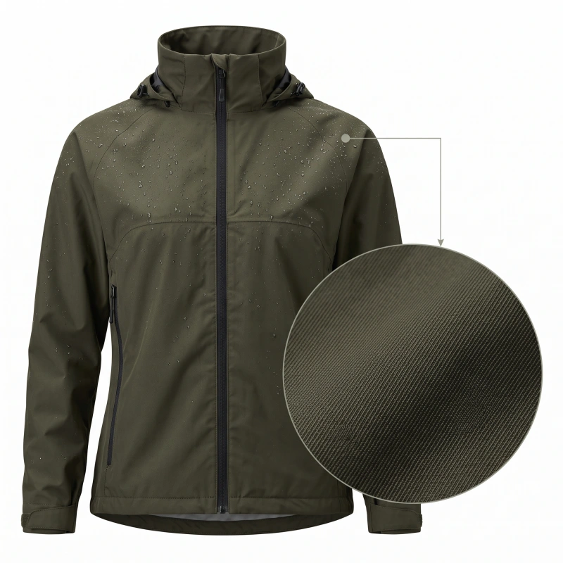 Dark olive green waterproof rain jacket with water beads on the surface and a circular macro view of the technical membrane layer