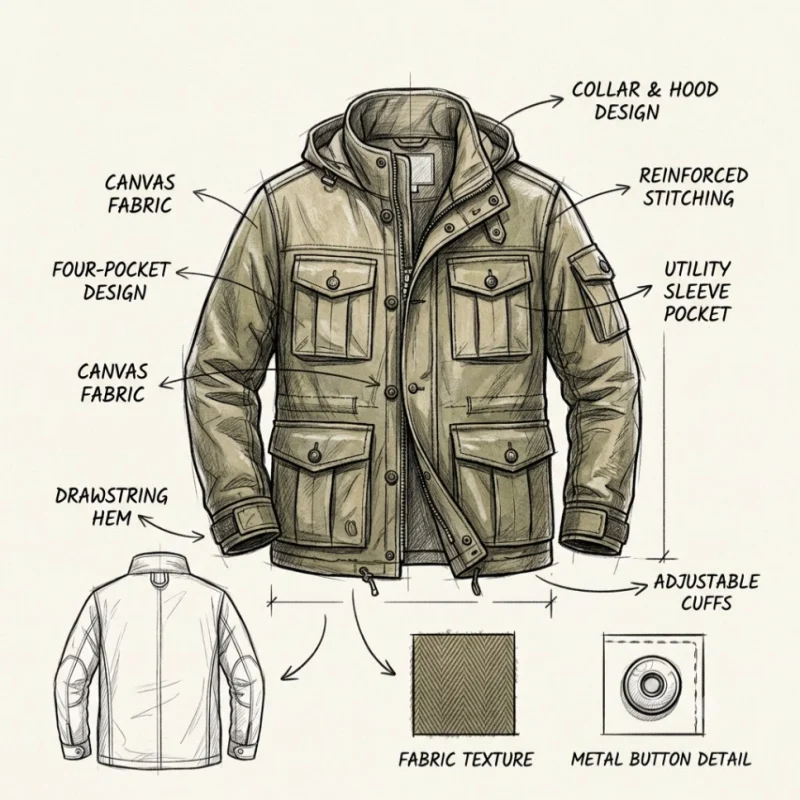Technical design blueprint sketch of an olive green M-65 utility jacket with detailed annotations