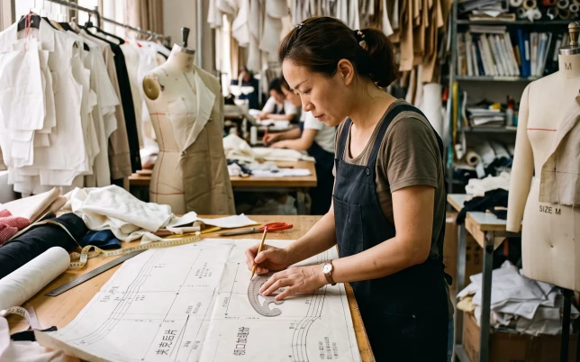 Professional pattern maker using a french curve ruler on a technical clothing blueprint in a tailoring studio