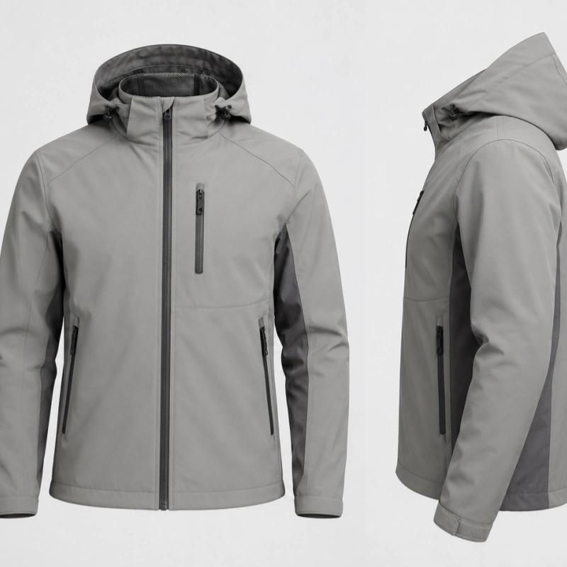 Front and side views of a men's light grey technical softshell jacket with charcoal contrast side panels and waterproof zippers