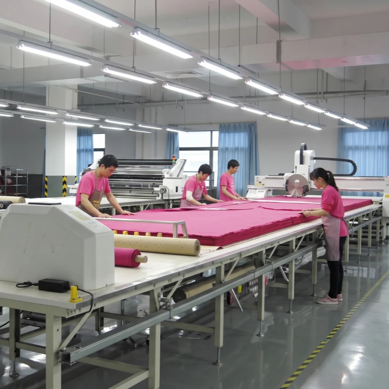 Garment factory workers operating an automated fabric spreading and cutting table with layers of pink textile