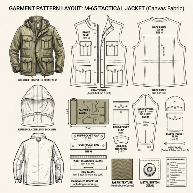 Industrial garment pattern layout sheet for an M-65 tactical jacket detailing 28 component cuts
