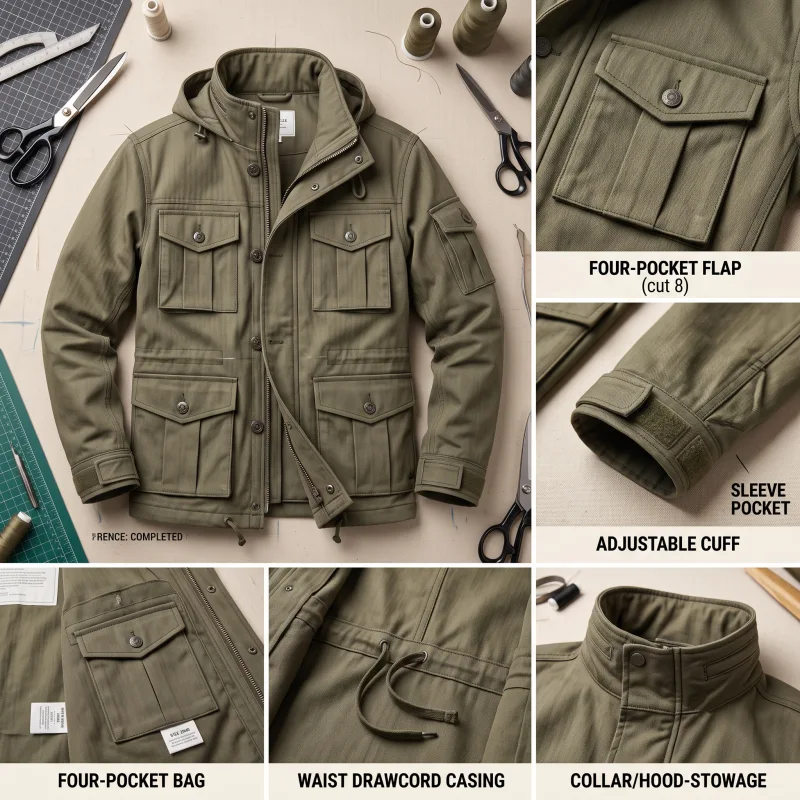 Close-up tailoring details of an army green M-65 sample jacket showing pockets, cuffs, and drawcords