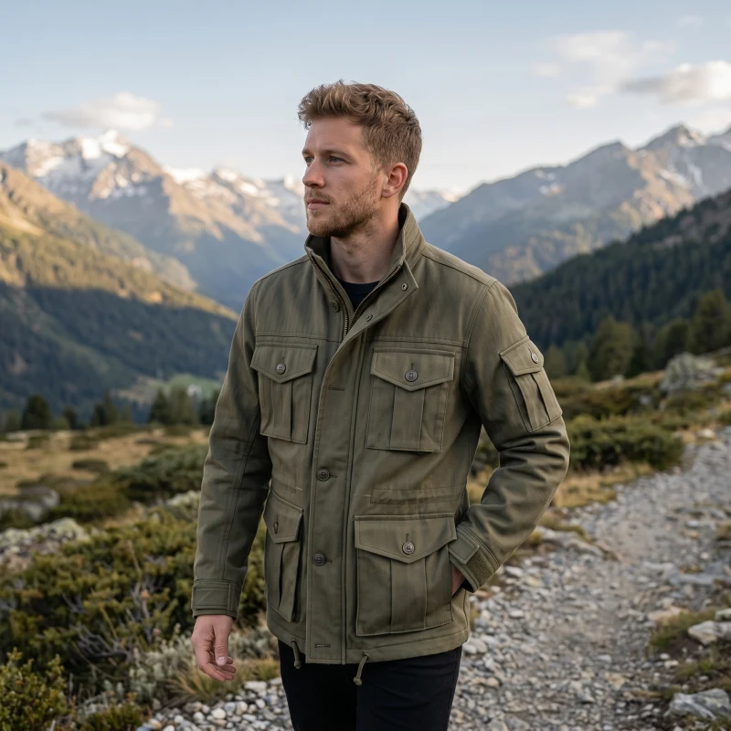 A man wearing the finished olive green M-65 canvas field jacket hiking on a mountain trail