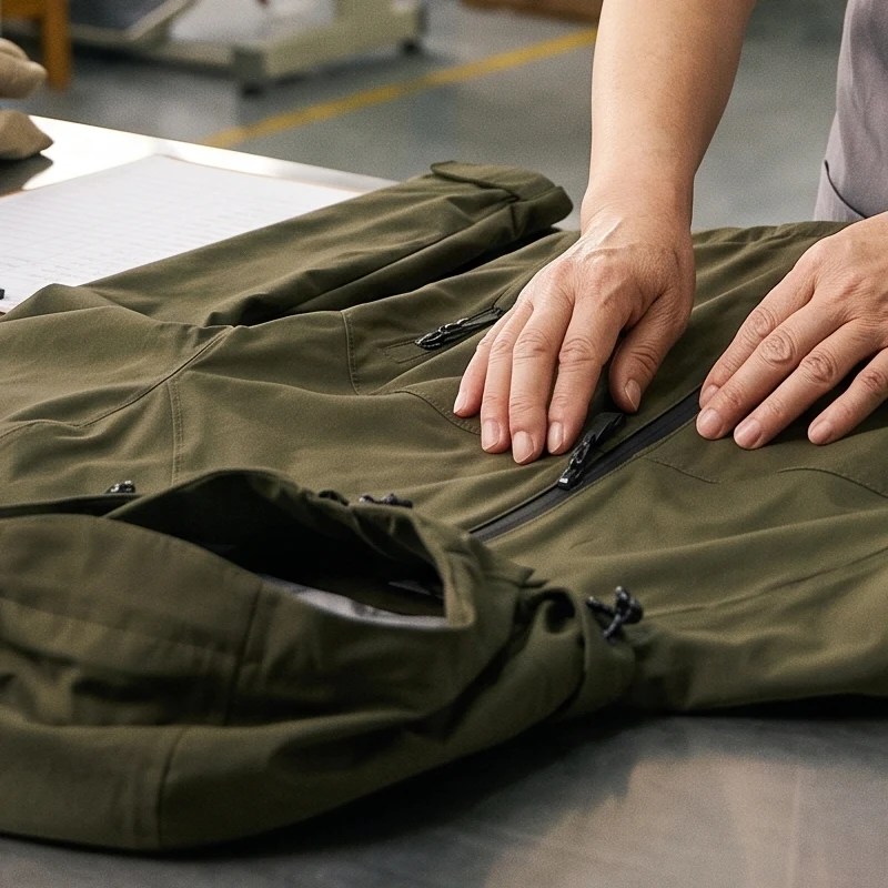 Quality control inspector checking the zipper and seams of an olive green technical jacket