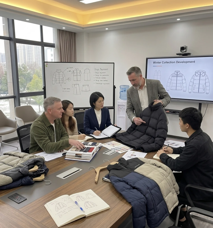 Suzhou CC Textile design team and international clients collaborating on a winter puffer jacket collection in a conference room