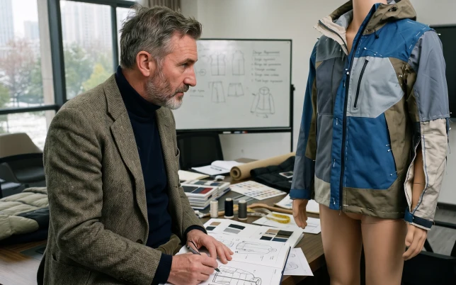 Apparel designer adjusting a pinned blue and brown technical jacket sample on a mannequin torso