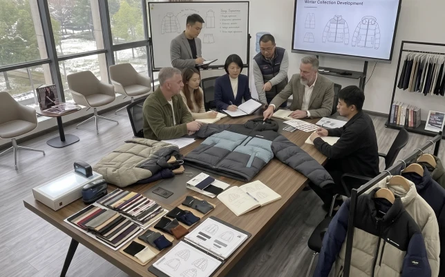 Sourcing team and clients reviewing a quilted down puffer jacket sample around a large conference table