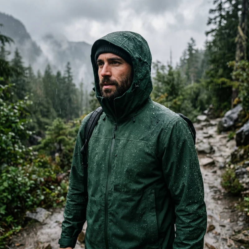 A male hiker wearing a technical dark green waterproof rain jacket with a hood covered in water droplets on a wet mountain trail
