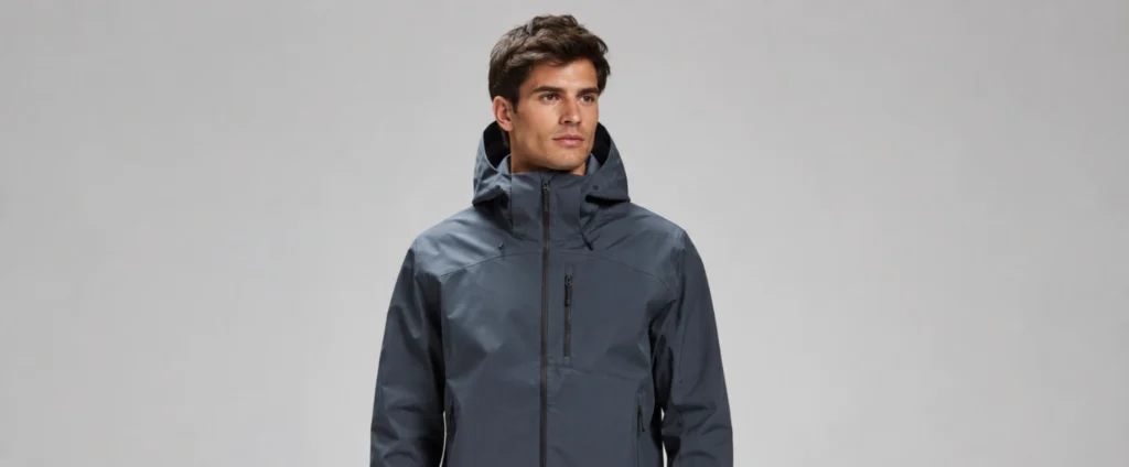 Studio product shot of a male model wearing a charcoal grey technical hardshell storm jacket with a high-collar hood