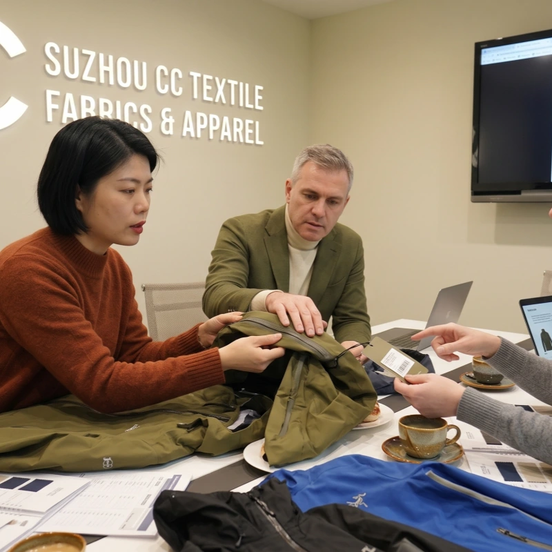 HOME Suzhou CC Textile team and an international client inspecting the taped waterproof zipper and product tag on an olive green jacket