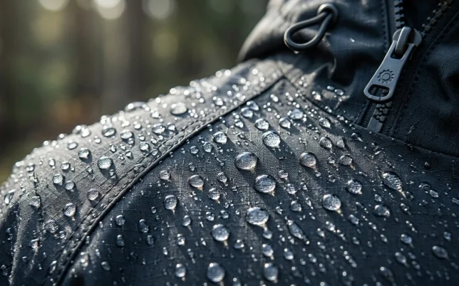 HOME Water droplets beading on the shoulder of a dark grey waterproof ripstop technical jacket with a zipper