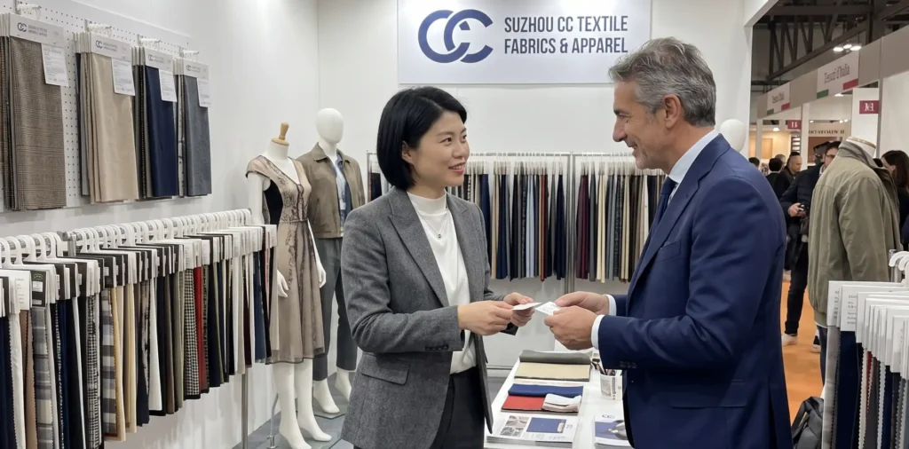 A Suzhou CC Textile executive exchanging business cards with an international corporate client at a trade exhibition booth