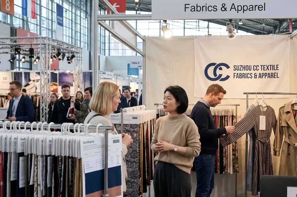 A representative from Suzhou CC Textile introducing fabric sample swatches to an international client at a busy trade show booth