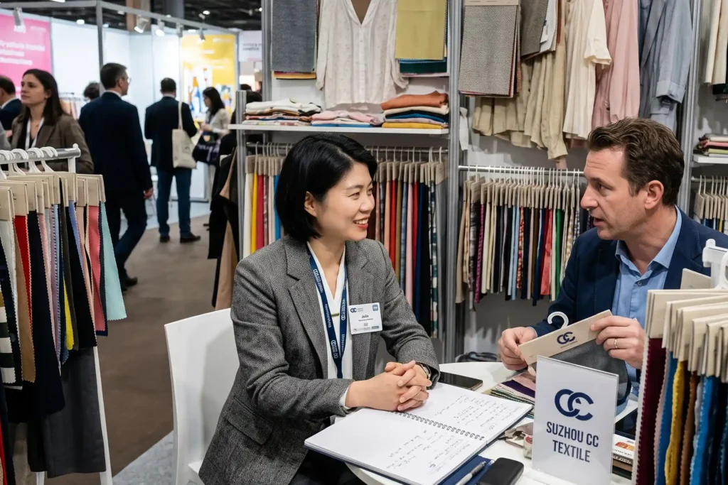 A Suzhou CC Textile sourcing specialist talking with a buyer over a notebook at a trade show table filled with fabric samples