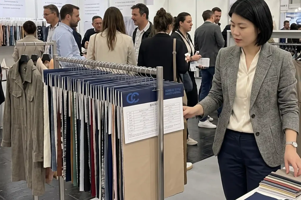 A garment specialist presenting technical fabric sample cards at a crowded international textile exhibition