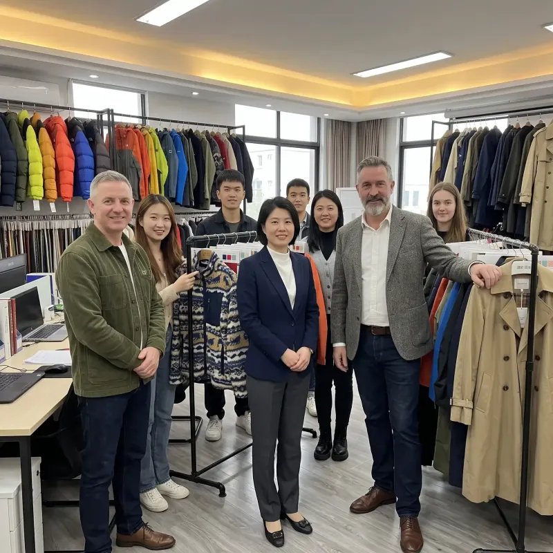 Suzhou CC Textile team with international clients in showroom