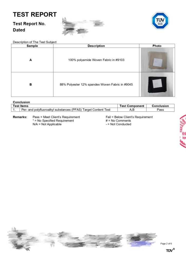 PFAS test report showing fabric sample verification results