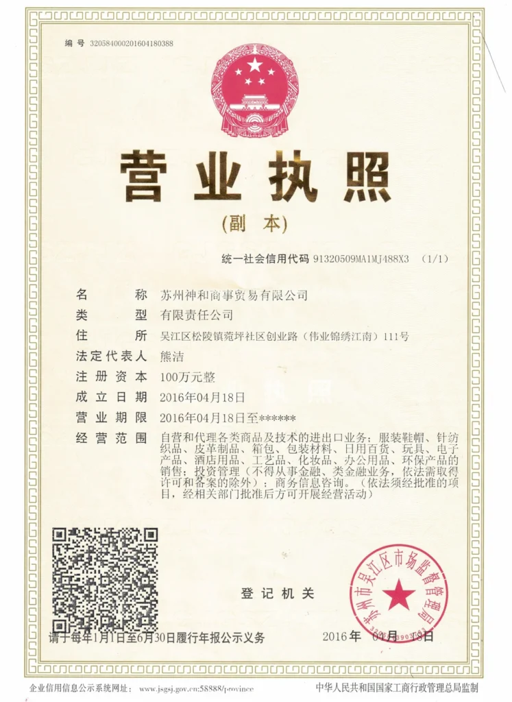 Business registration document for export trade operations